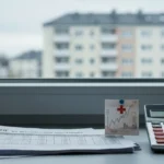 Dokumenty kredytu frankowego, kalkulator i wykres kursu CHF na biurku w mieszkaniu